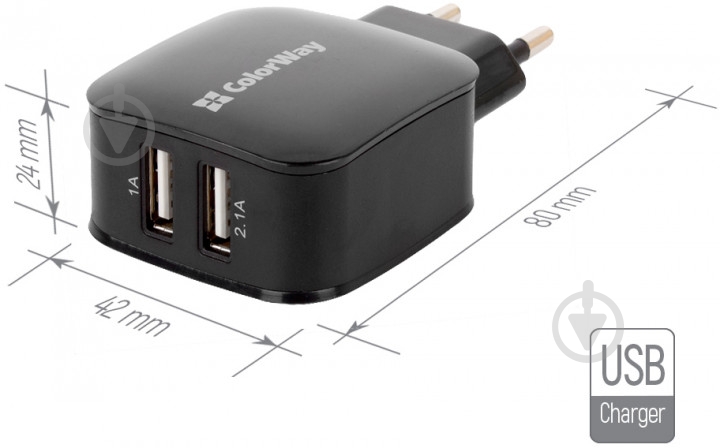 Сетевое зарядное устройство ColorWay New Techno 2xUSB 2.1A (CW-CHS006-BK) - фото 3
