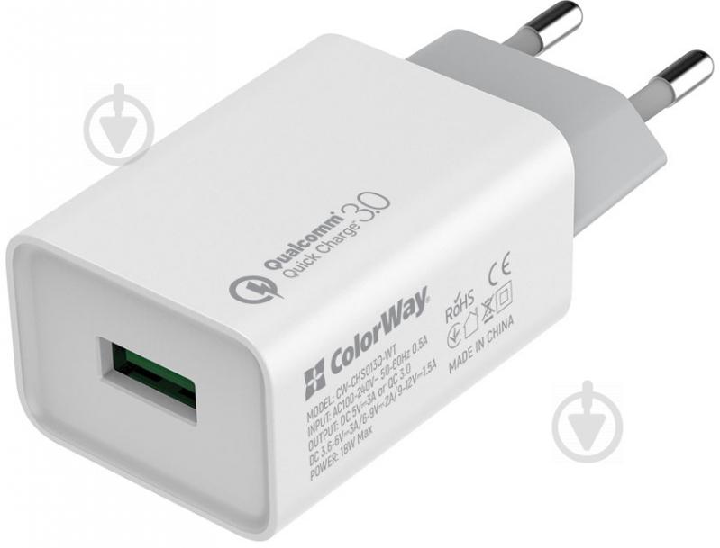 Мережевий зарядний пристрій ColorWay 1USB Quick Charge 3.0 18W (CW-CHS013Q-WT) - фото 1