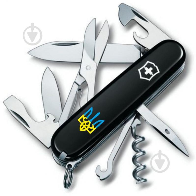 Ніж швейцарський Victorinox CLIMBER UKRAINE Тризуб синьо-жовтий (14 інстр) Vx13703.3_T0016u - фото 1