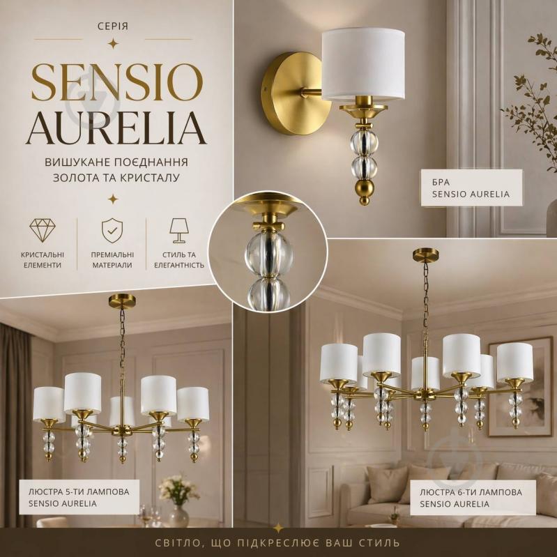 Світильник настінний Sensio Aurelia E14 білий/золото PR-PL321164W-1 - фото 5 Світильник настінний Sensio Aurelia E14 білий/золото PR-PL321164W-1 - фото 5
