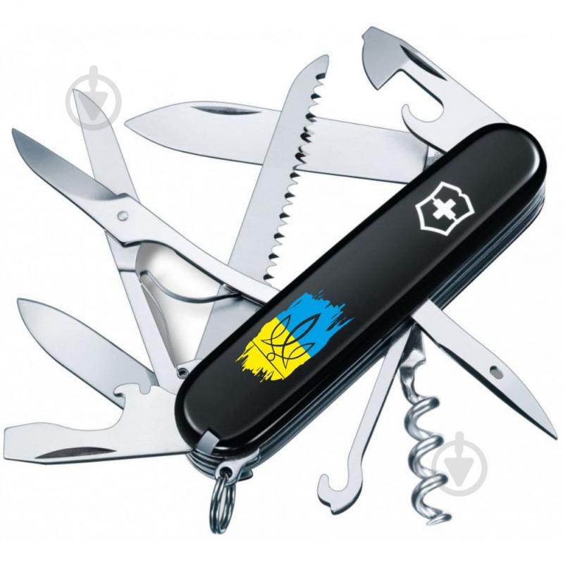 Нож швейцарский Victorinox Huntsman Ukraine Трезубец фигурный на фоне флага (15 инстр) Vx13713.3_T1026u - фото 1