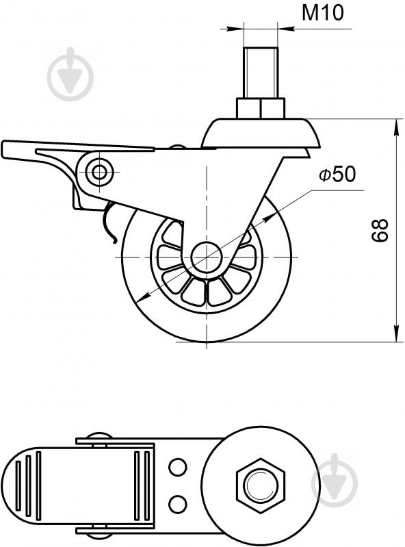 Ролик меблевий зі штифтом М10 поворотний з фіксатором D50 Н68 Burak - фото 4