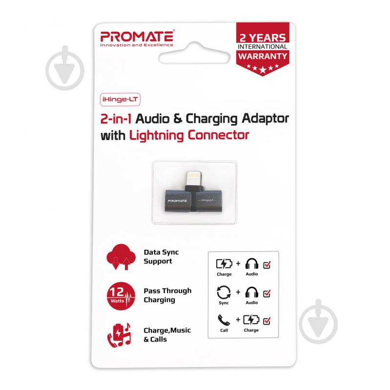 Переходник Promate iHinge-LT 2 в 1 Lightning to Lightning Audiо & Sync/Charge Black черный (ihinge-lt.black) - фото 6