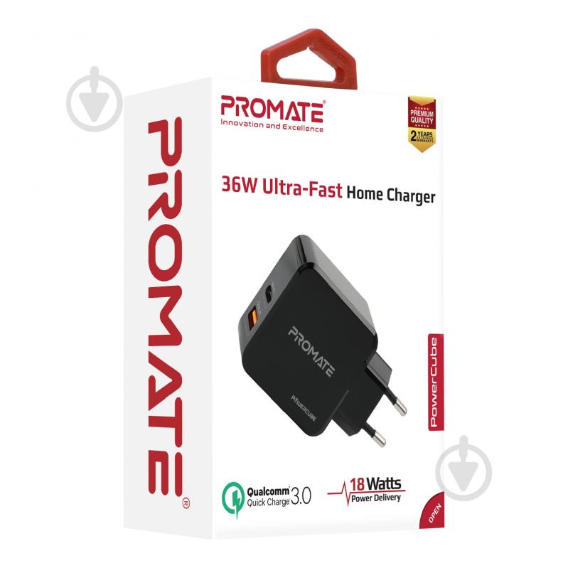 Зарядное устройство Promate PowerCube 36Вт Type-C PD + USB QC3.0 Black - фото 7