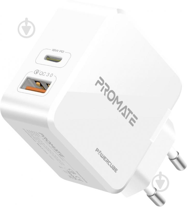 Зарядное устройство Promate PowerCube 36Вт Type-C PD + USB QC3.0 White - фото 1