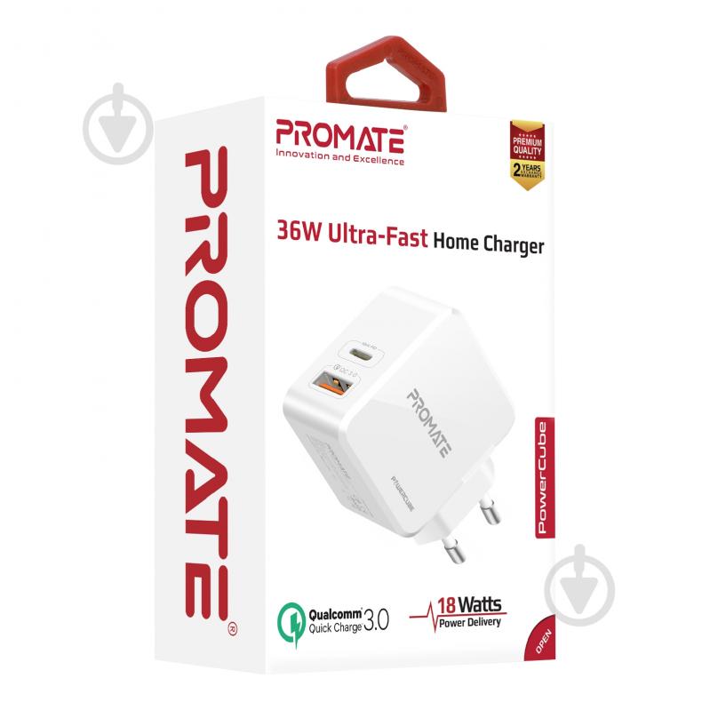 Зарядное устройство Promate PowerCube 36Вт Type-C PD + USB QC3.0 White - фото 7