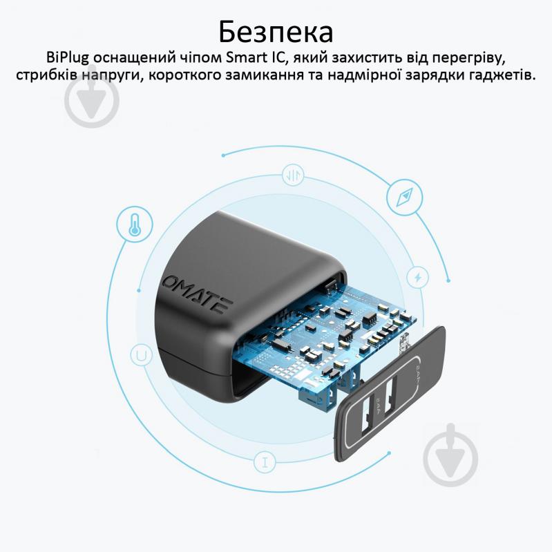 Зарядное устройство Promate BiPlug 12Вт 2 USB Black - фото 5