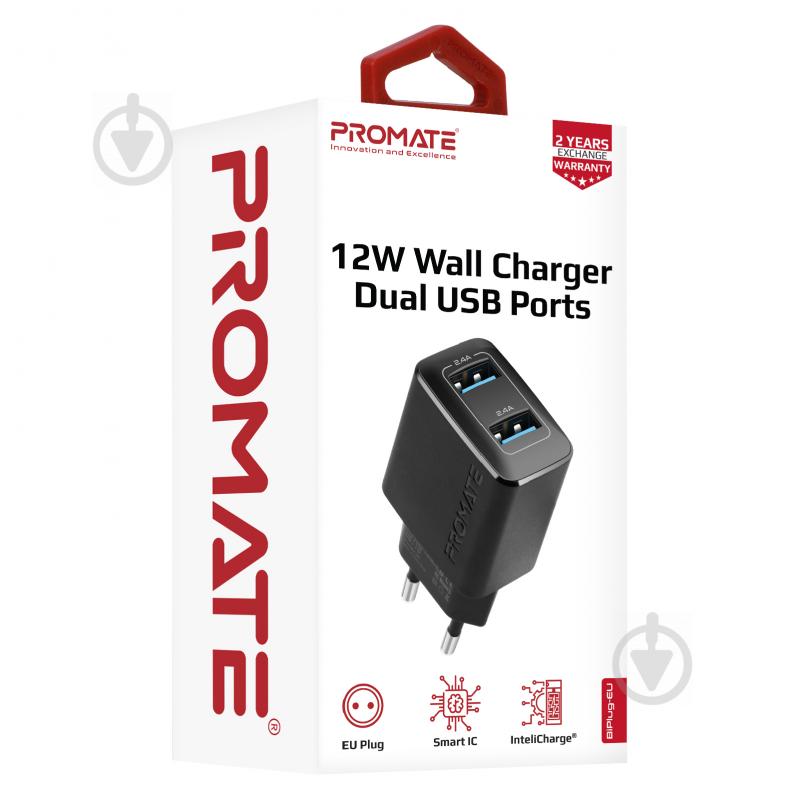 Зарядное устройство Promate BiPlug 12Вт 2 USB Black - фото 7