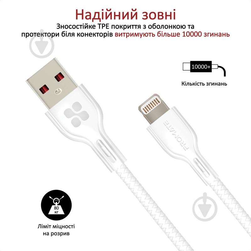 Кабель Promate PowerBeam-25i USB-Lightning 2.4А 0,25 м белый (powerbeam-25i.white) - фото 4