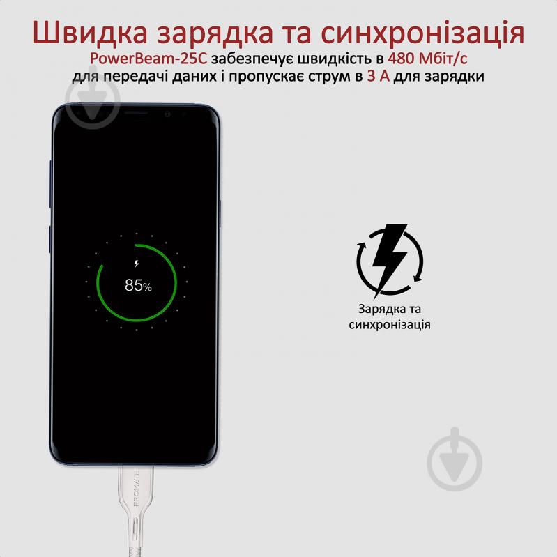 Кабель Promate PowerBeam-25C USB-USB Type-C 3А 0,25 м білий (powerbeam-25c.white) - фото 2