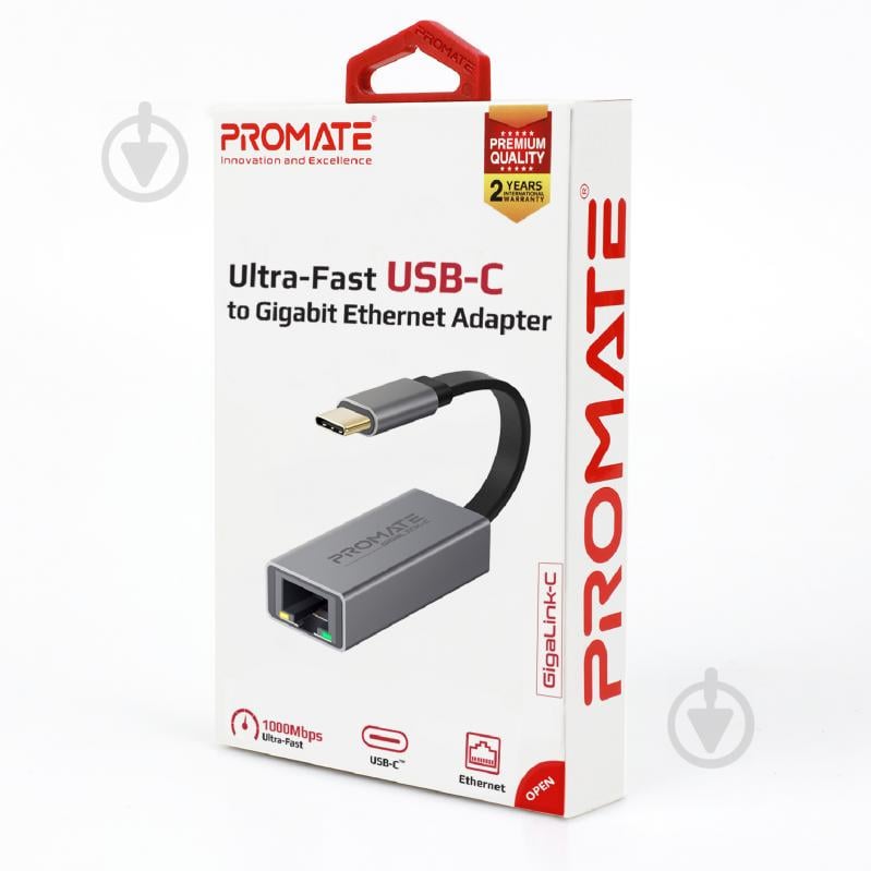 Переходник Promate GigaLink-C USB Type-C/Ethernet 1Гбит/с 0,07 м серый (gigalink-c.grey) - фото 6