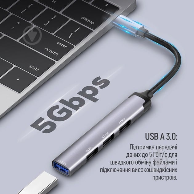 USB-хаб ColorWay USB-C 4-в-1 USB2.0х3/USB3.0 0,12 м сірий (CW-HUB04) - фото 13