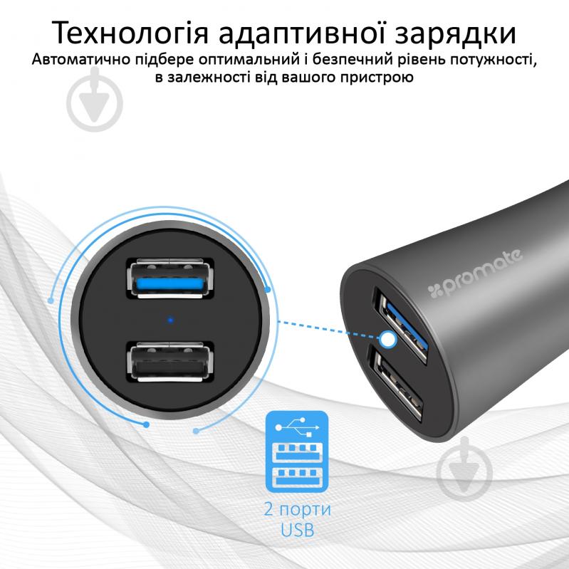 Автомобильное зарядное устройство Promate Robust-QC3 30Вт USB QC3.0 + USB 2.4A Grey - фото 4