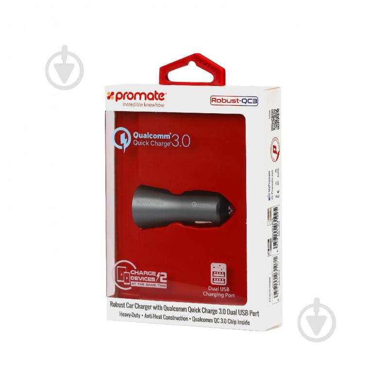 Автомобильное зарядное устройство Promate Robust-QC3 30Вт USB QC3.0 + USB 2.4A Grey - фото 8