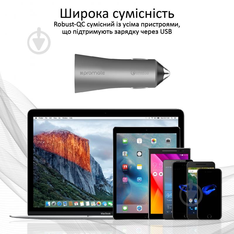 Автомобильное зарядное устройство Promate Robust-QC3 30Вт USB QC3.0 + USB 2.4A Grey - фото 7