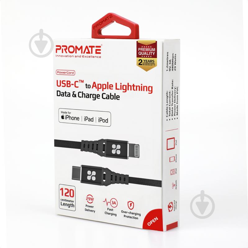 Кабель Promate PowerCord Type-C - Lightning 1,2 м черный (powercord.black) - фото 7 Кабель Promate PowerCord Type-C - Lightning 1,2 м черный (powercord.black) - фото 7