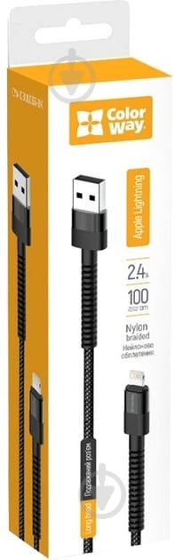 Кабель ColorWay USB - Apple Lightning (nylon - long head) 2.4А 1 м черный (CW-CBUL063-BK) - фото 1