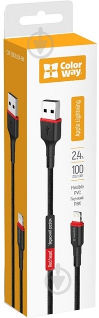 Кабель ColorWay USB - Apple Lightning (PVC - red head) 2.4А 1 м черный (CW-CBUL064-BK) - фото 1