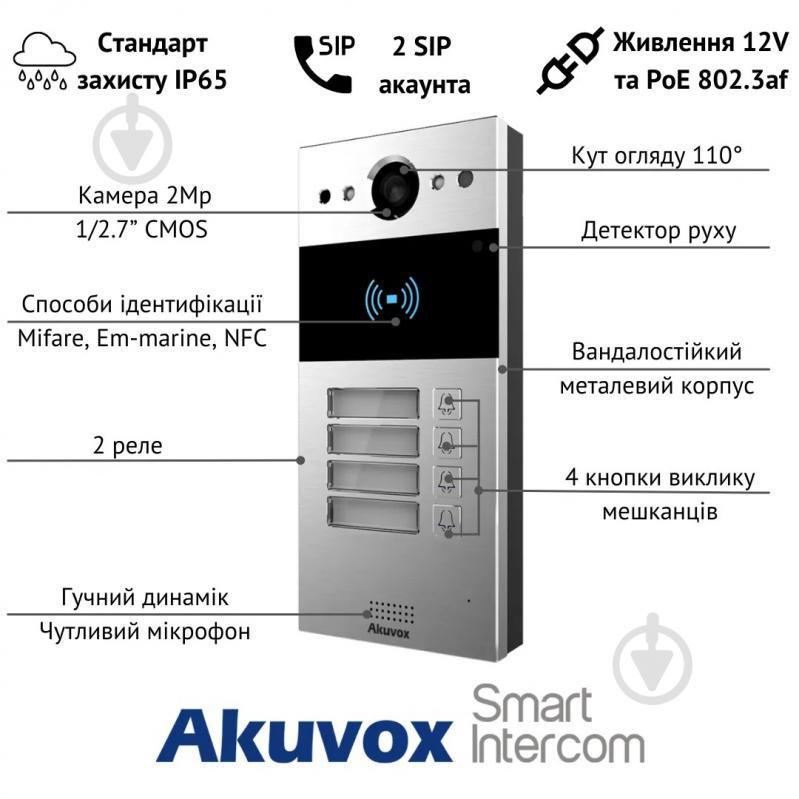 IP-панель виклику Akuvox 2 Мп R20B X4 OW на 4 абоненти 216824 - фото 3