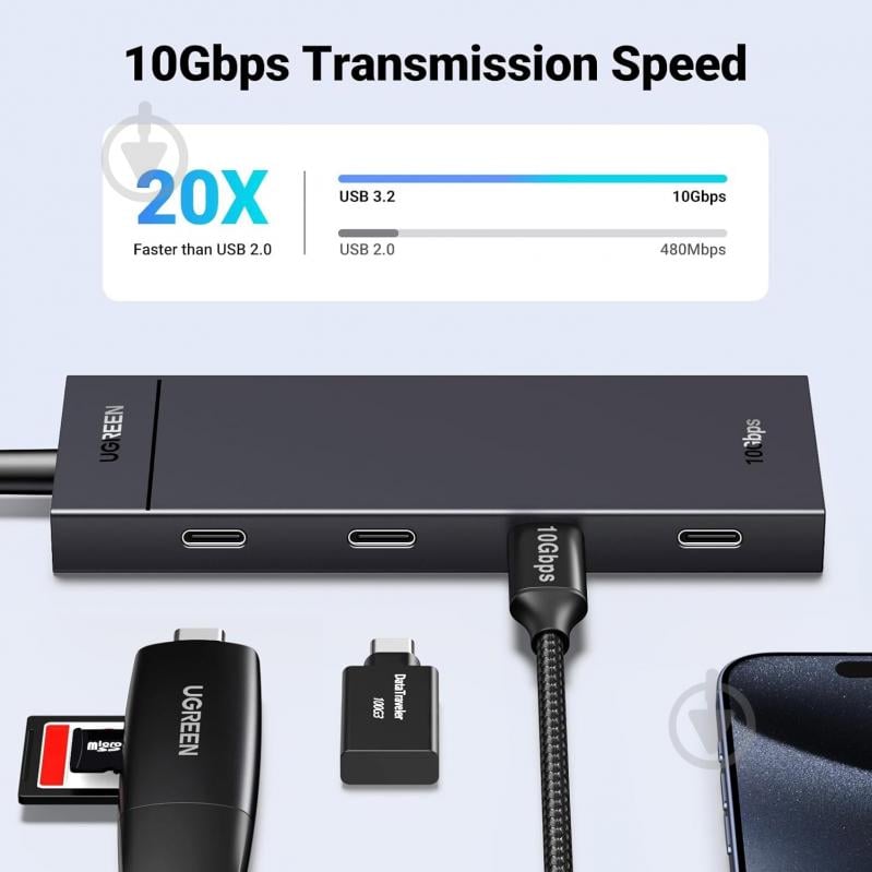USB-хаб UGREEN Gen2 10Gbps черный CM806 - фото 4