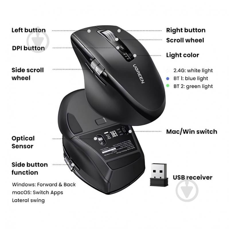 Мышь UGREEN 2.4GHz&BT M751 Ergonomic Contoured-Shape black (45792) - фото 4