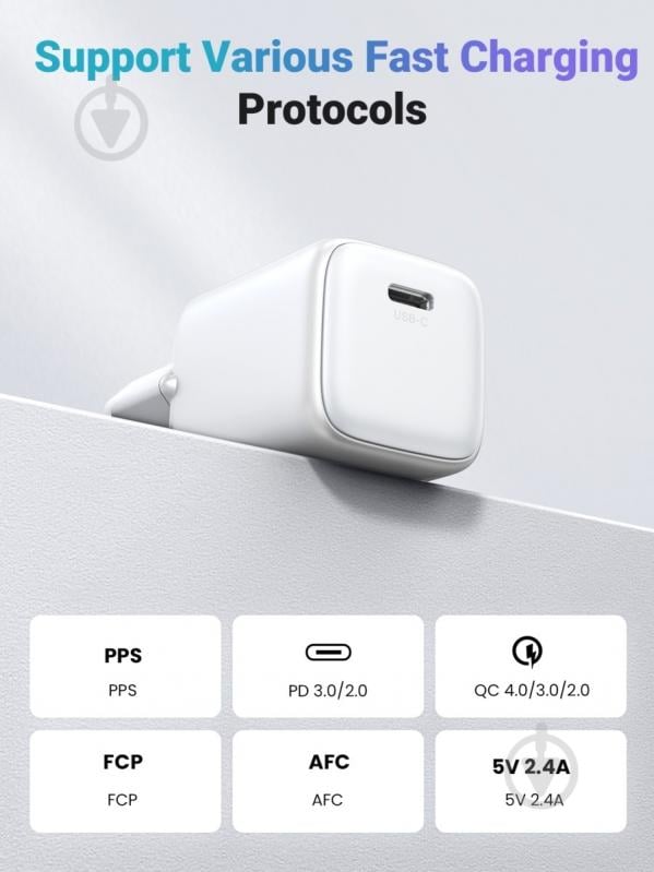 Зарядний пристрій UGREEN 1xUSB 20W (USB-C) PD GaN Tech X512 білий - фото 4 Зарядний пристрій UGREEN 1xUSB 20W (USB-C) PD GaN Tech X512 білий - фото 4