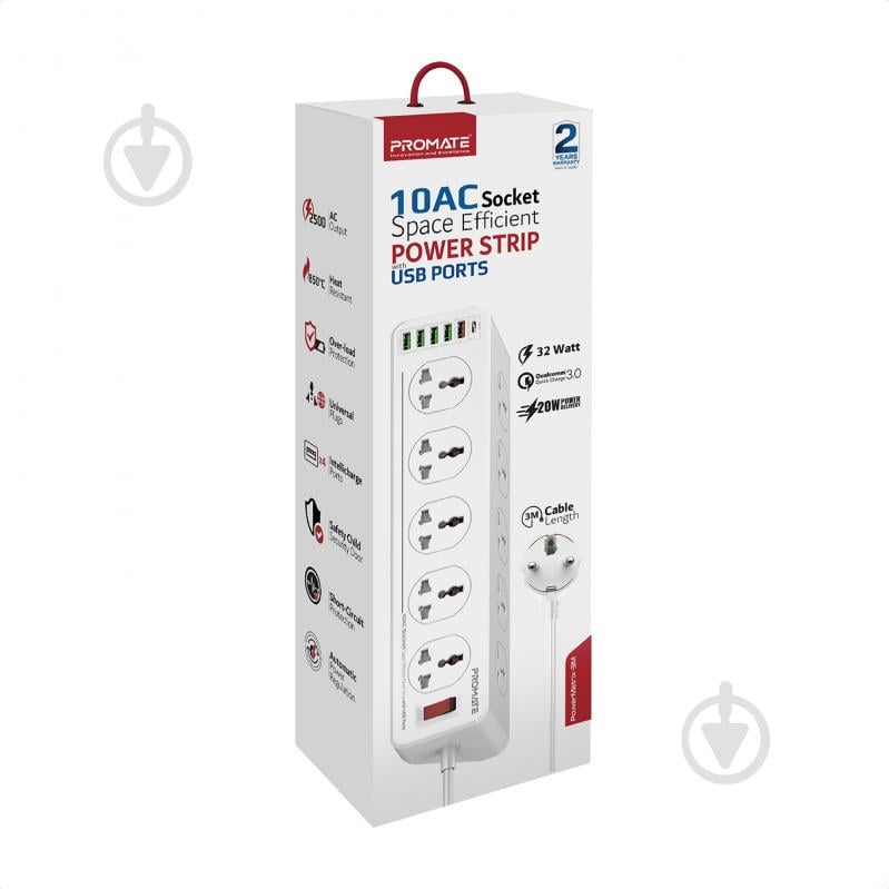 Сетевой фильтр Promate 16-в-1 PowerMatrix-5M 10 розеток, 1хUSB-C PD, 1хUSB-A QC 3.0, 4хUSB-A 5м (powermatrix-5m.eu) с заземлением 10 гн. белый 5 м powermatrix-5m.eu - фото 7