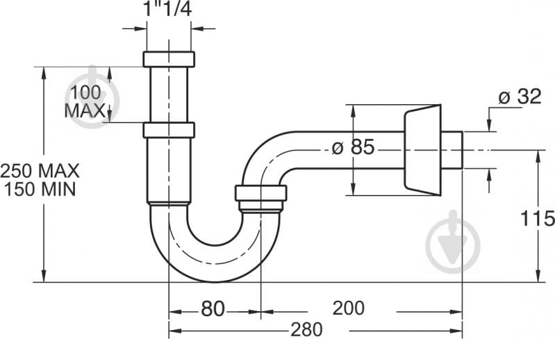 Сифон для умивальника Bonomini TUBULAR з накидною гайкою 1 1/4, зливна трубка d32x200 з розеткою - фото 2