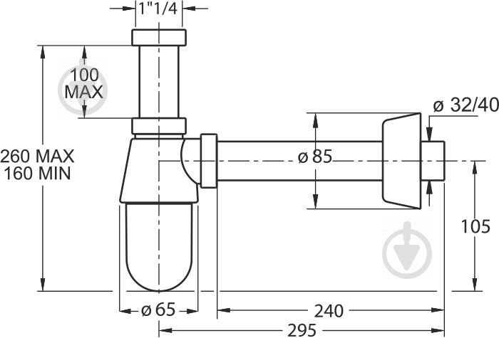 Сифон для умывальника Bonomini THERMOTRAP с накидной гайкой 1 1/4, сливная трубка d32 - фото 2