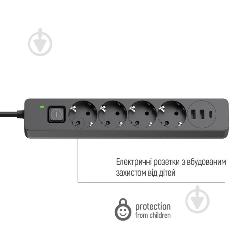 Сетевой фильтр COLOR WAY 3USB (2USB-A + 1 TYPE-C) (24W) с заземлением 4 гн. черный 2 м CW-CHE432PDB - фото 12