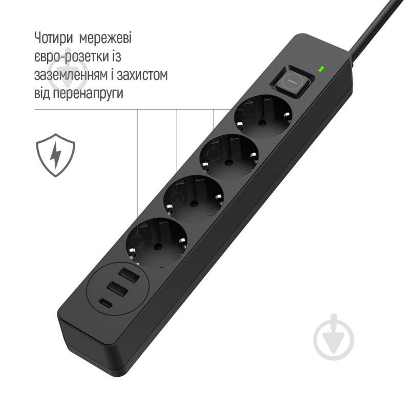 Сетевой фильтр COLOR WAY 3USB (2USB-A + 1 TYPE-C) (24W) с заземлением 4 гн. черный 2 м CW-CHE432PDB - фото 9