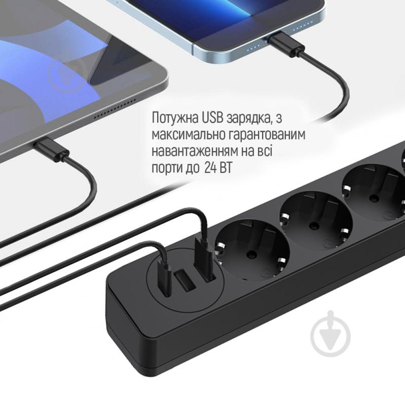 Сетевой фильтр COLOR WAY 3USB (2USB-A + 1 TYPE-C) (24W) с заземлением 4 гн. черный 2 м CW-CHE432PDB - фото 7