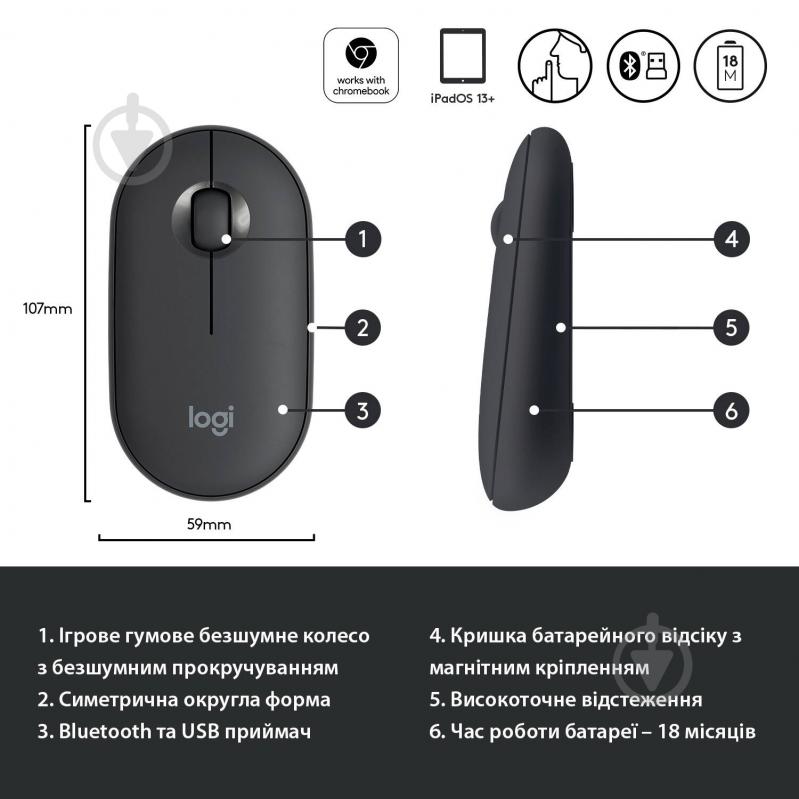 Мышка Logitech Pebble M350 Wireless Mouse graphite (910-005718) - фото 6