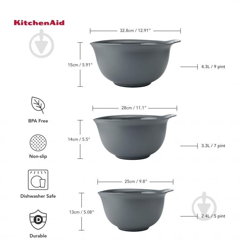 Набор мисок KitchenAid Coreline, 3шт, 2,4/3,3/4,3л, серый (KQG175OSCGG) - фото 4 Набор мисок KitchenAid Coreline, 3шт, 2,4/3,3/4,3л, серый (KQG175OSCGG) - фото 4