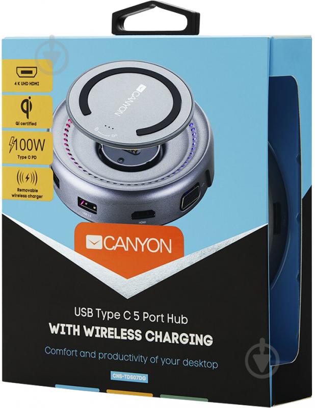 Док-станція Canyon Multiport Docking Station with 5 port wireless charger 10W Grey (CNS-TDS07DG) - фото 3