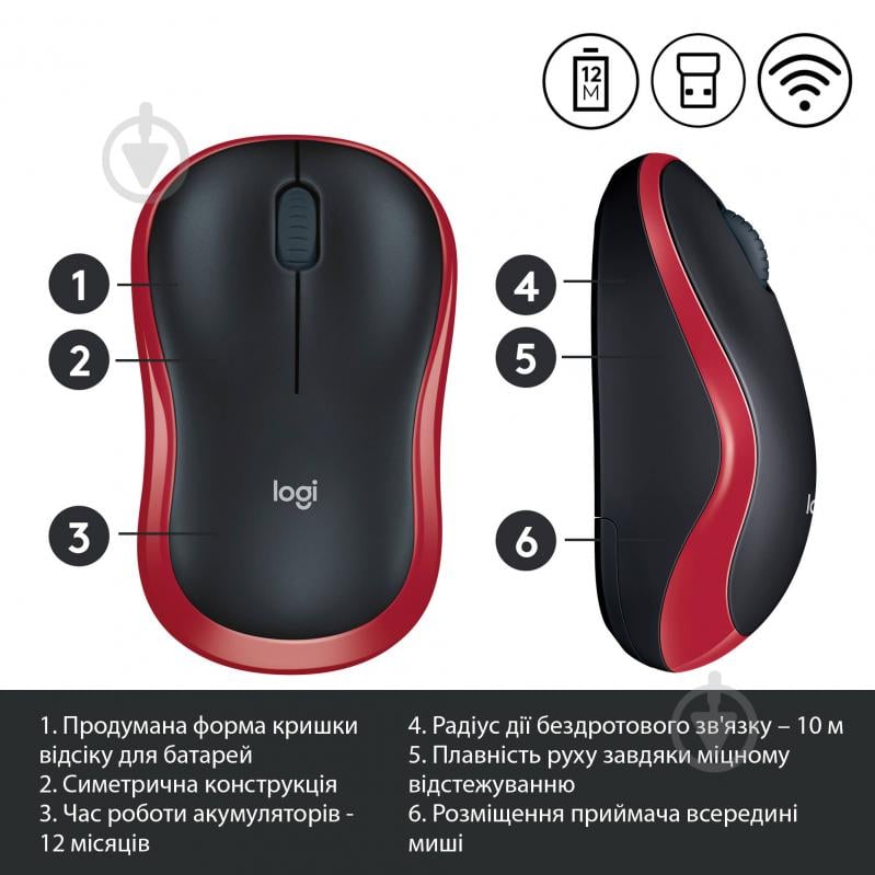 Мышка Logitech Wireless Mouse M185 black/red (910-002240) - фото 4