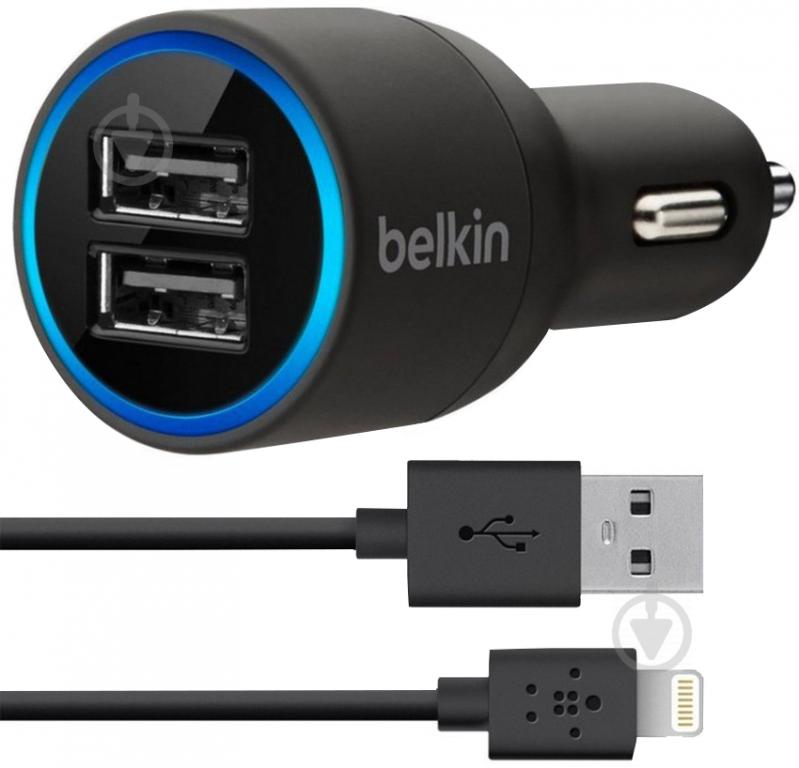 Зарядний пристрій у машину Belkin Dual USB Charger LIGHTNING сable, 2 USB x 2.1Amp (F8J071bt04-BLK) - фото 1