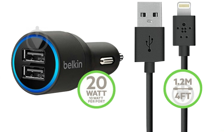 Зарядний пристрій у машину Belkin Dual USB Charger LIGHTNING сable, 2 USB x 2.1Amp (F8J071bt04-BLK) - фото 2