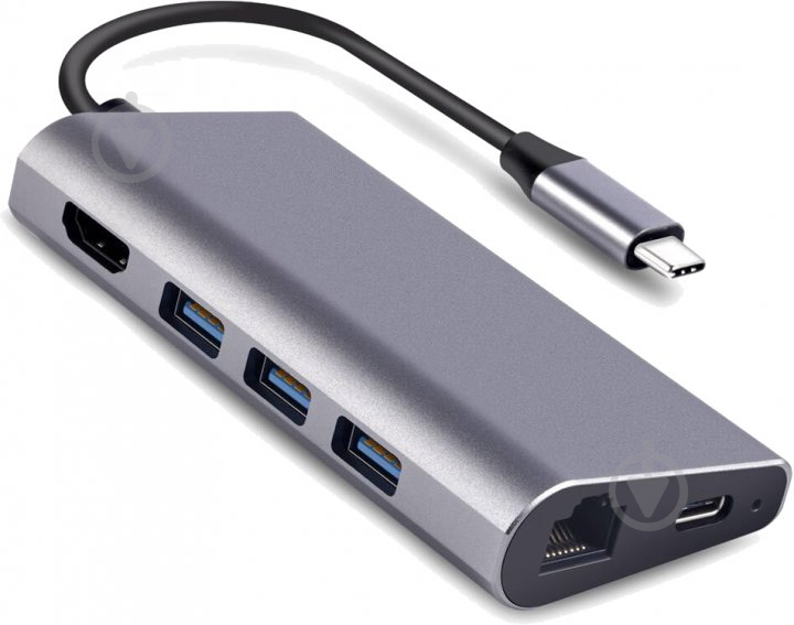 Перехідник Dynamode USB3.1 Type-C to HDMI 3хUSB3.0 RJ45 USB Type-C Female SD сірий (Dock-USB-TypeC-HDMI-USB3.0-RJ45) - фото 1