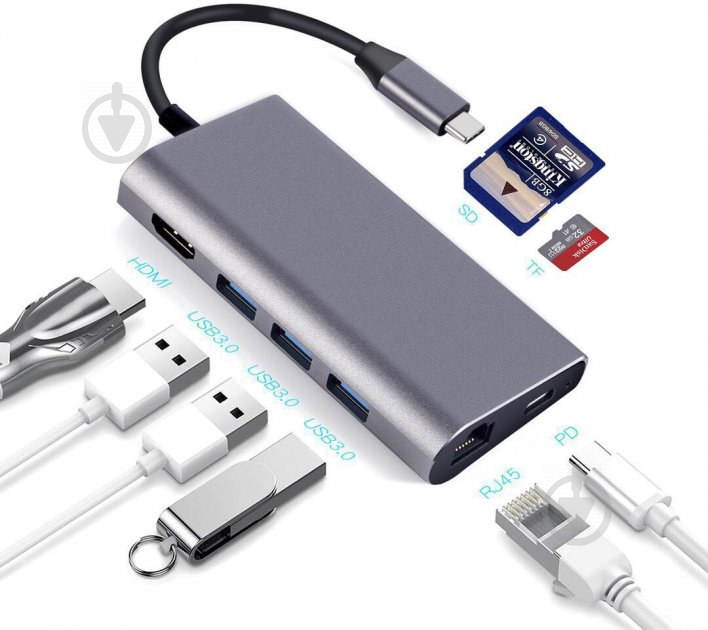 Перехідник Dynamode USB3.1 Type-C to HDMI 3хUSB3.0 RJ45 USB Type-C Female SD сірий (Dock-USB-TypeC-HDMI-USB3.0-RJ45) - фото 6