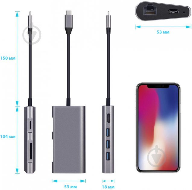 Перехідник Dynamode USB3.1 Type-C to HDMI 3хUSB3.0 RJ45 USB Type-C Female SD сірий (Dock-USB-TypeC-HDMI-USB3.0-RJ45) - фото 7