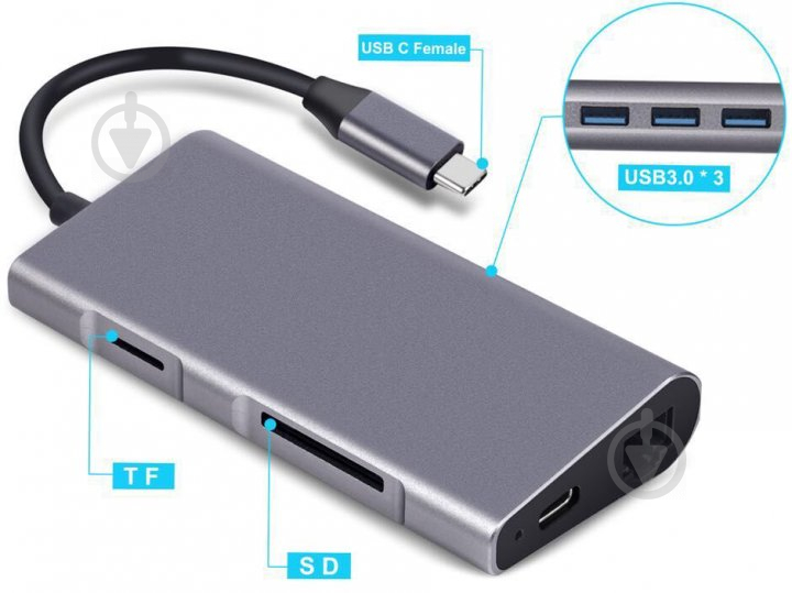 Перехідник Dynamode USB3.1 Type-C to HDMI 3хUSB3.0 RJ45 USB Type-C Female SD сірий (Dock-USB-TypeC-HDMI-USB3.0-RJ45) - фото 8