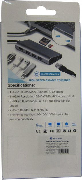 Перехідник Dynamode USB3.1 Type-C to HDMI 3хUSB3.0 RJ45 USB Type-C Female SD сірий (Dock-USB-TypeC-HDMI-USB3.0-RJ45) - фото 3