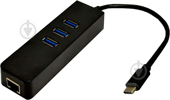 Перехідник Dynamode USB 3.1 Type-C - RJ45 Gigabit Lan 3хUSB 3.0 0,19 м чорний (USB3.1-TypeC-RJ45-HUB3) - фото 1