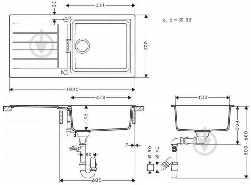 Мийка для кухні Hansgrohe S52 гранітна прямокутна з крилом 980х480х190 мм врізна S52-F480 графіт - фото 4