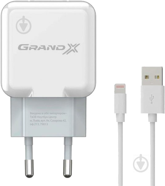 Зарядний пристрій Grand-X USB 5V 2,1A White cable USB Lightning Cu (CH03LTW) - фото 1