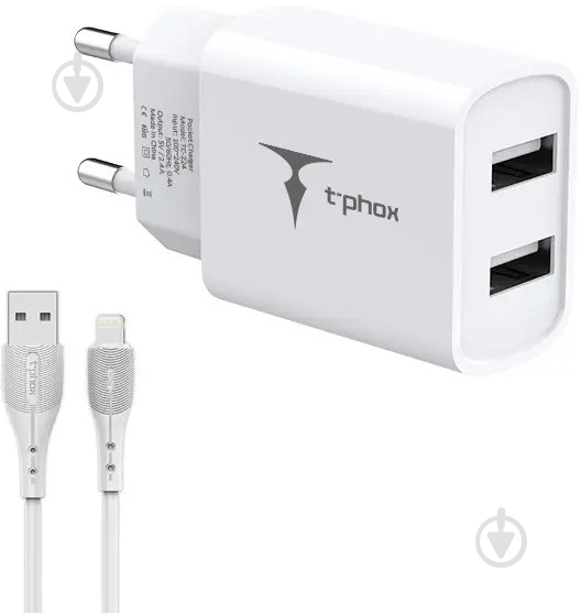 Сетевое зарядное устройство T-PHOX TCC-224 Pocket Dual USB + Lightning cable белый - фото 1