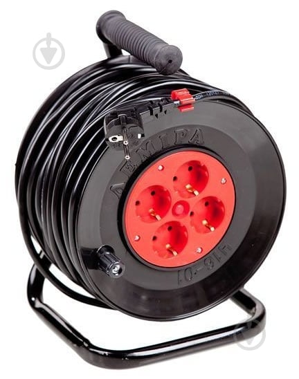 Удлинитель на катушке Леміра с заземлением 4 гн. черный с красным 30 м У16-01-01 3х2,5 - фото 1