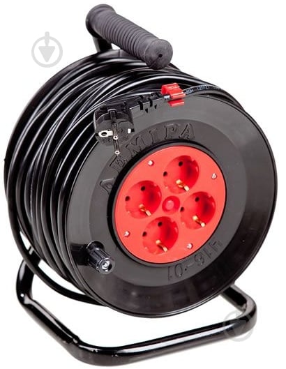 Удлинитель на катушке Леміра с заземлением 4 гн. черный с красным 30 м У16-01-01 3х1,5 - фото 1