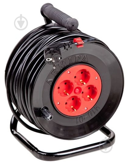 Удлинитель на катушке Леміра без заземления 4 гн. черный с красным 50 м У16-01 2х2,5 - фото 1